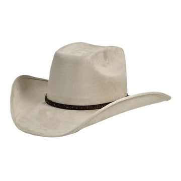 A light beige cowboy hat with a dark brown beaded band, shown from a three-quarters angle on a plain white background.