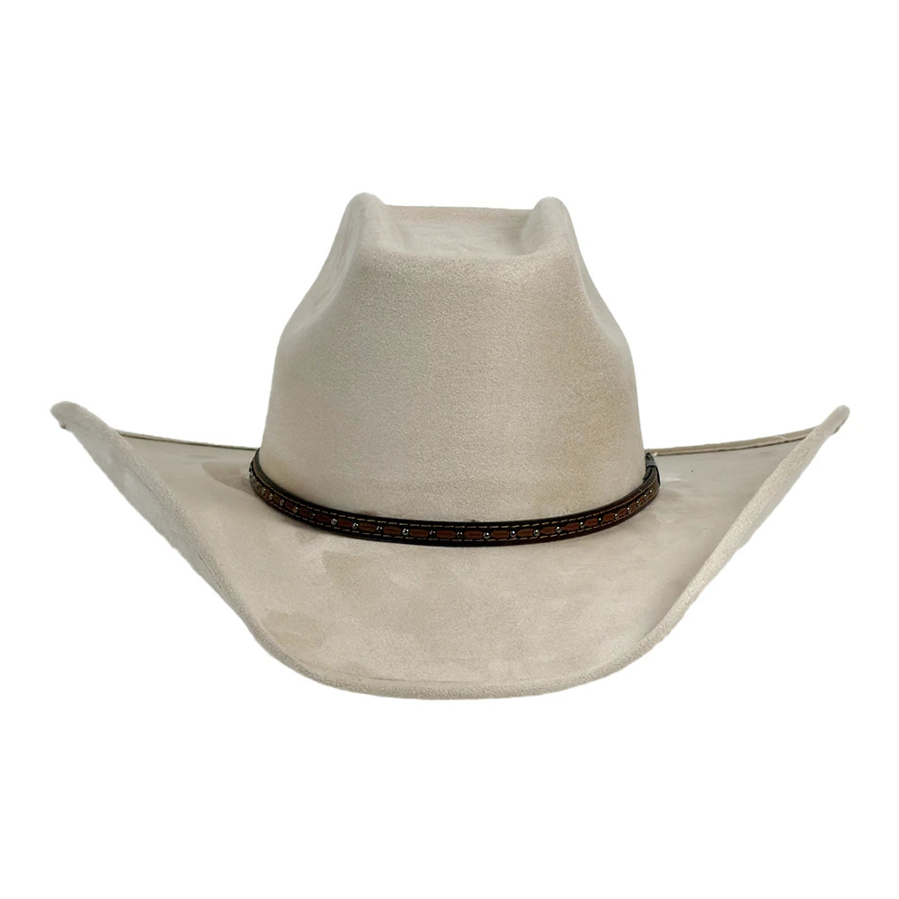 A light beige cowboy hat with a dark brown beaded band, shown from the front on a plain white background.