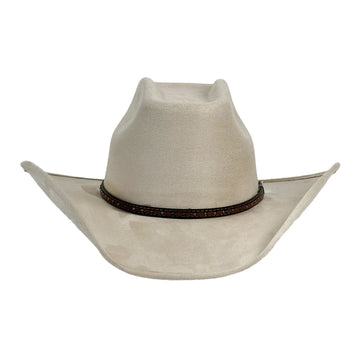 A light beige cowboy hat with a dark brown beaded band, shown from the front on a plain white background.