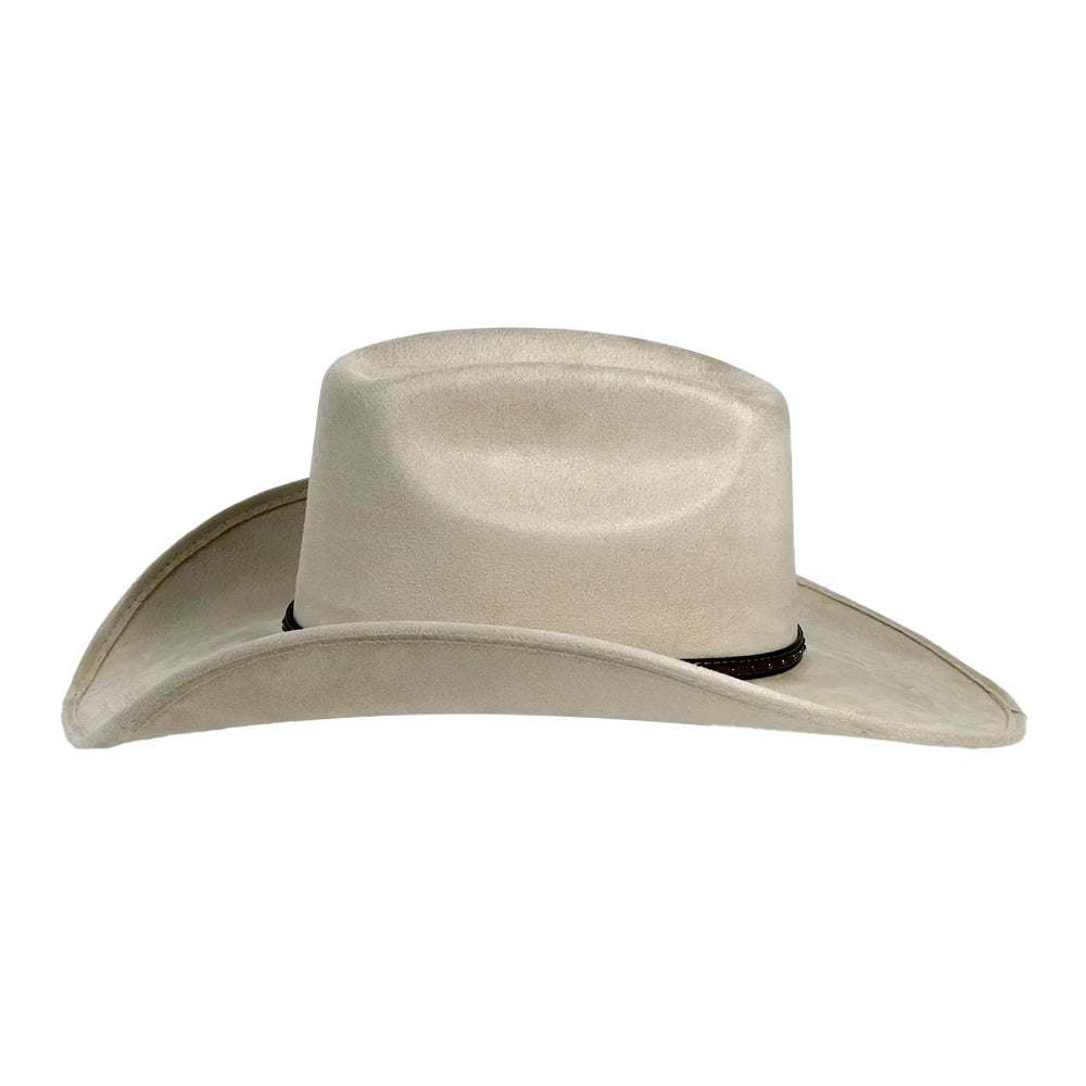 A light beige cowboy hat with a black band detail, shown from a front-facing perspective on a solid white background.
