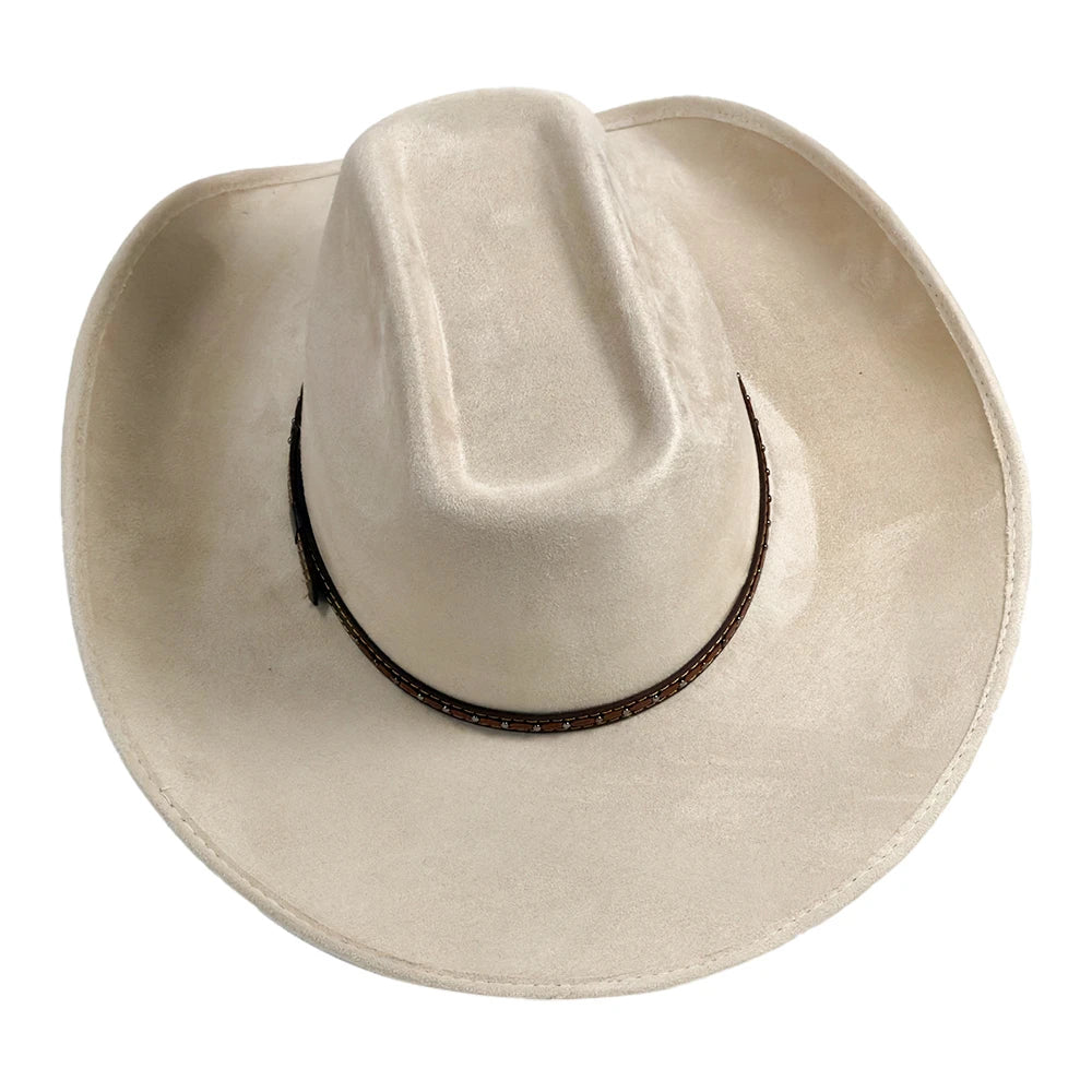 A light beige felt cowboy hat with a dark brown band around the crown, shown from a top-down view on a white background.