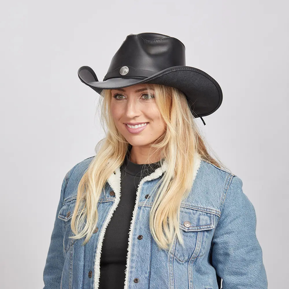 Western | Womens Black Leather Cowgirl Hat