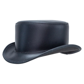 A black faux-leather cowboy hat with a structured crown and a wide, slightly curved brim, shown from a three-quarters angle on a white background.