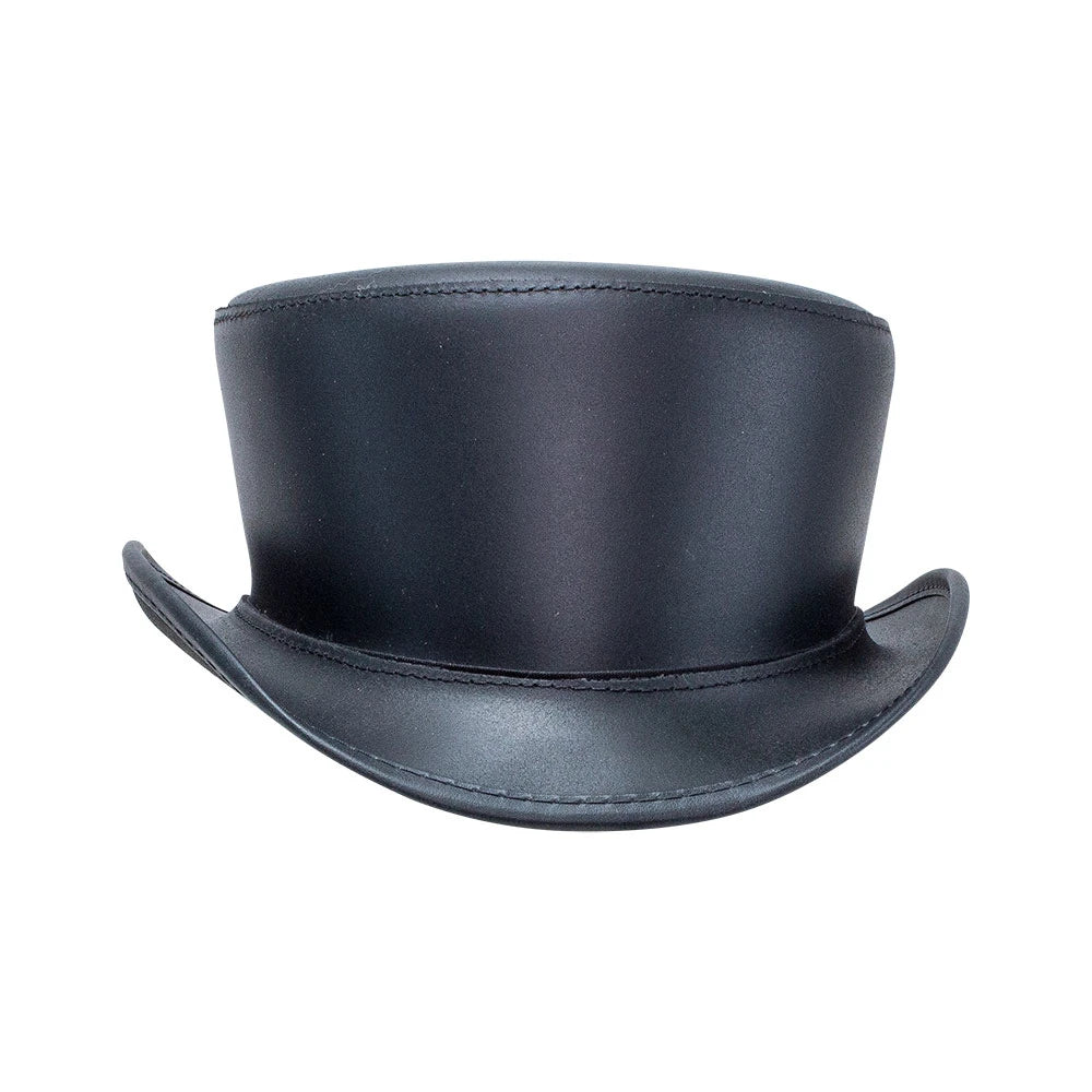 A black leather top hat with a curved brim, photographed from a side angle against a plain white background.