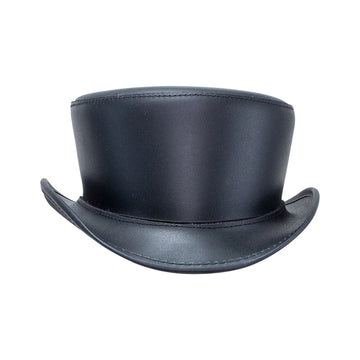A black leather top hat with a curved brim, photographed from a side angle against a plain white background.