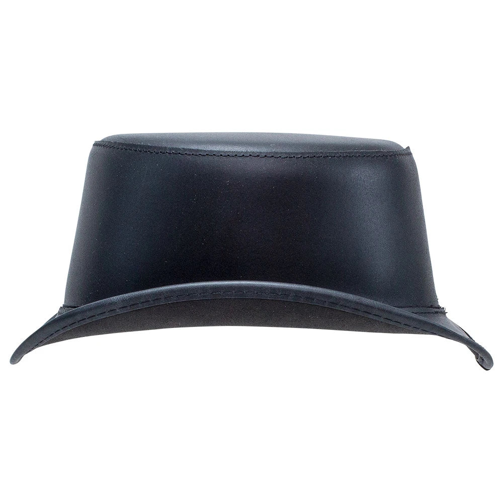 A black leather top hat with a curved brim, shown from the front on a plain white background.