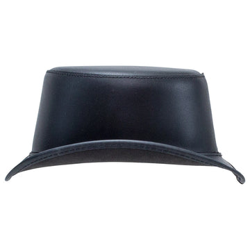 A black leather top hat with a curved brim, shown from the front on a plain white background.