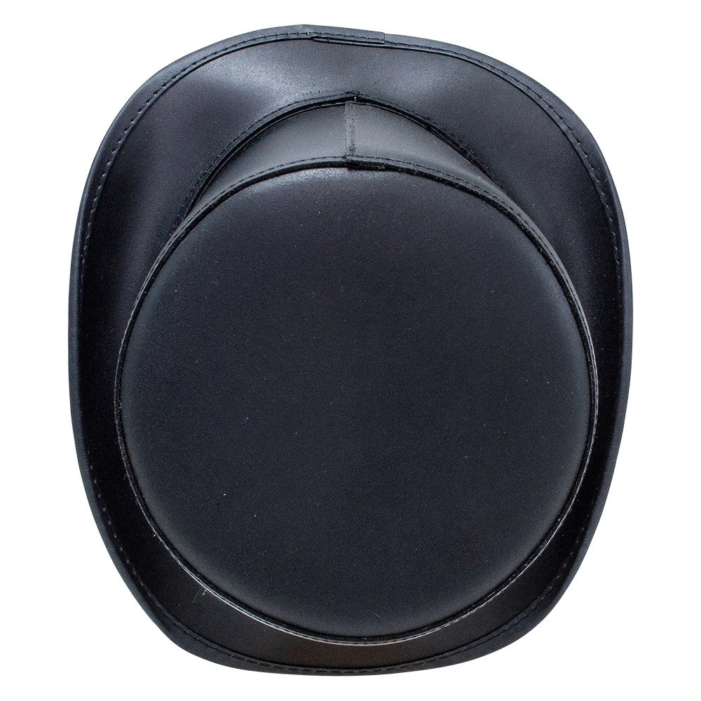 A black leather or faux-leather hat with a rounded, square-like crown and a central circular stitched detail, shown from a top-down view on a white background.