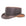 A dark brown leather cowboy hat with lighter tan leather trim on the crown and brim, shown from a side profile against a white background.