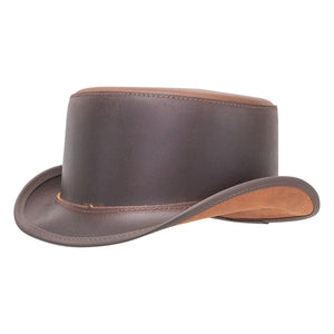 A dark brown leather cowboy hat with lighter tan leather trim on the crown and brim, shown from a side profile against a white background.