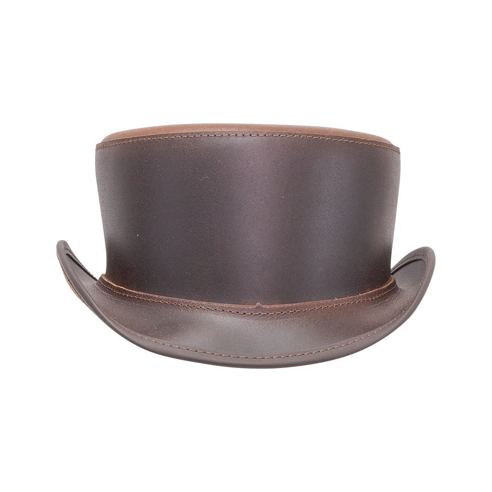 A dark brown leather top hat with a curved brim and matching brown leather trim, shown against a plain white background.