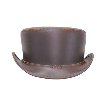 A dark brown leather top hat with a curved brim and matching brown leather trim, shown against a plain white background.