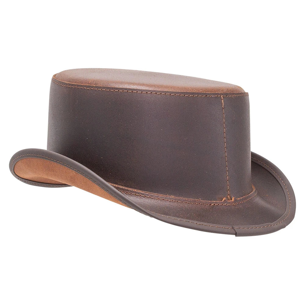 A dark brown leather cowboy hat with a curved brim and a stitched crown, shown from a three-quarters angle on a white background.