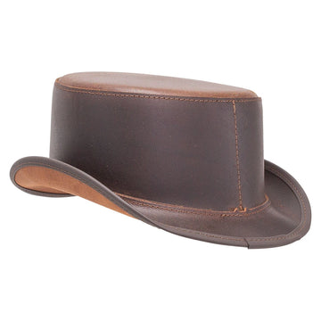A dark brown leather cowboy hat with a curved brim and a stitched crown, shown from a three-quarters angle on a white background.