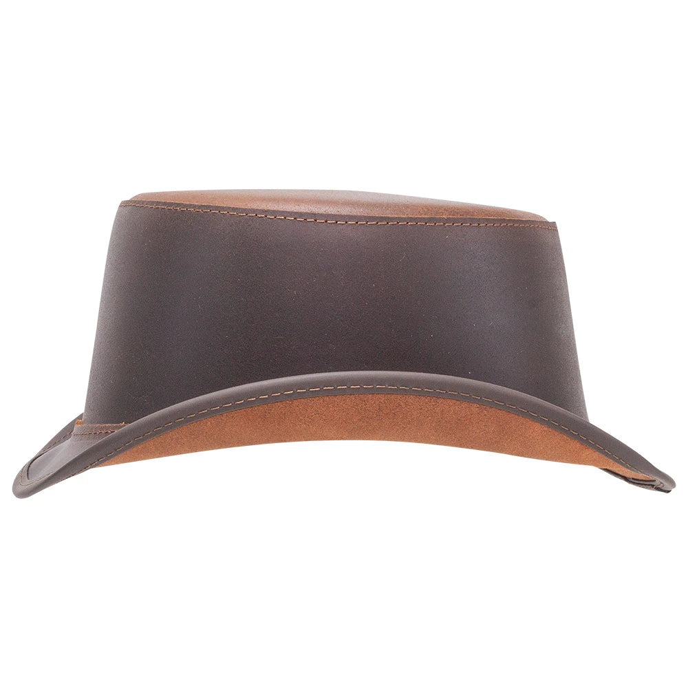 A dark brown leather cowboy hat shown from the side against a plain white background.