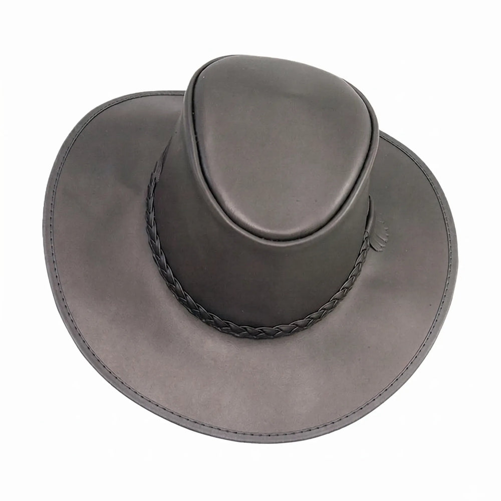 Gray leather hat with braided band on a white background