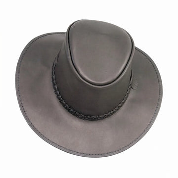 Gray leather hat with braided band on a white background
