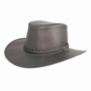 Gray leather hat with braided band on a white background