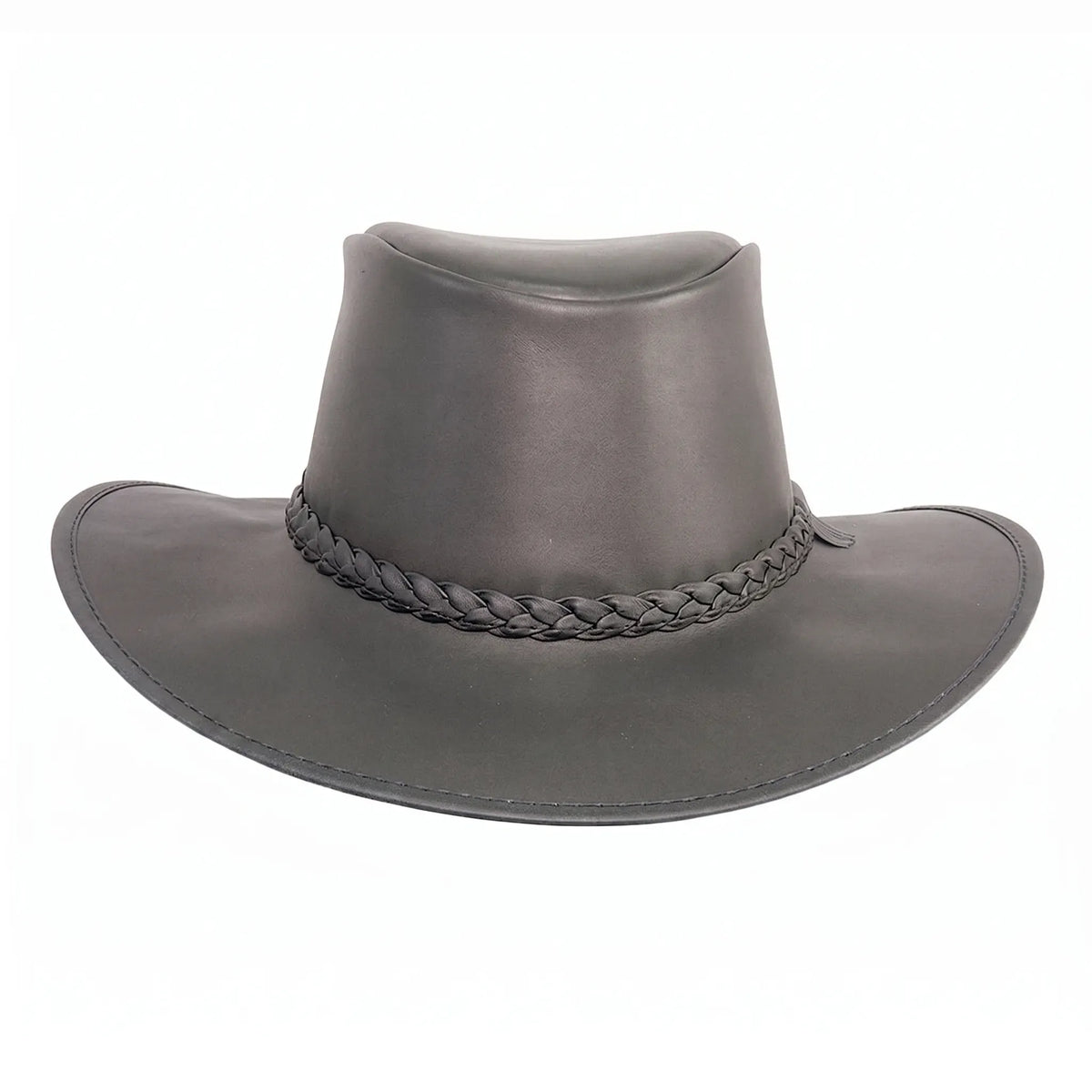Gray leather hat with braided band on a white background