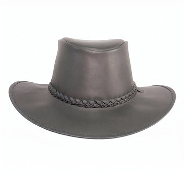 Gray leather hat with braided band on a white background