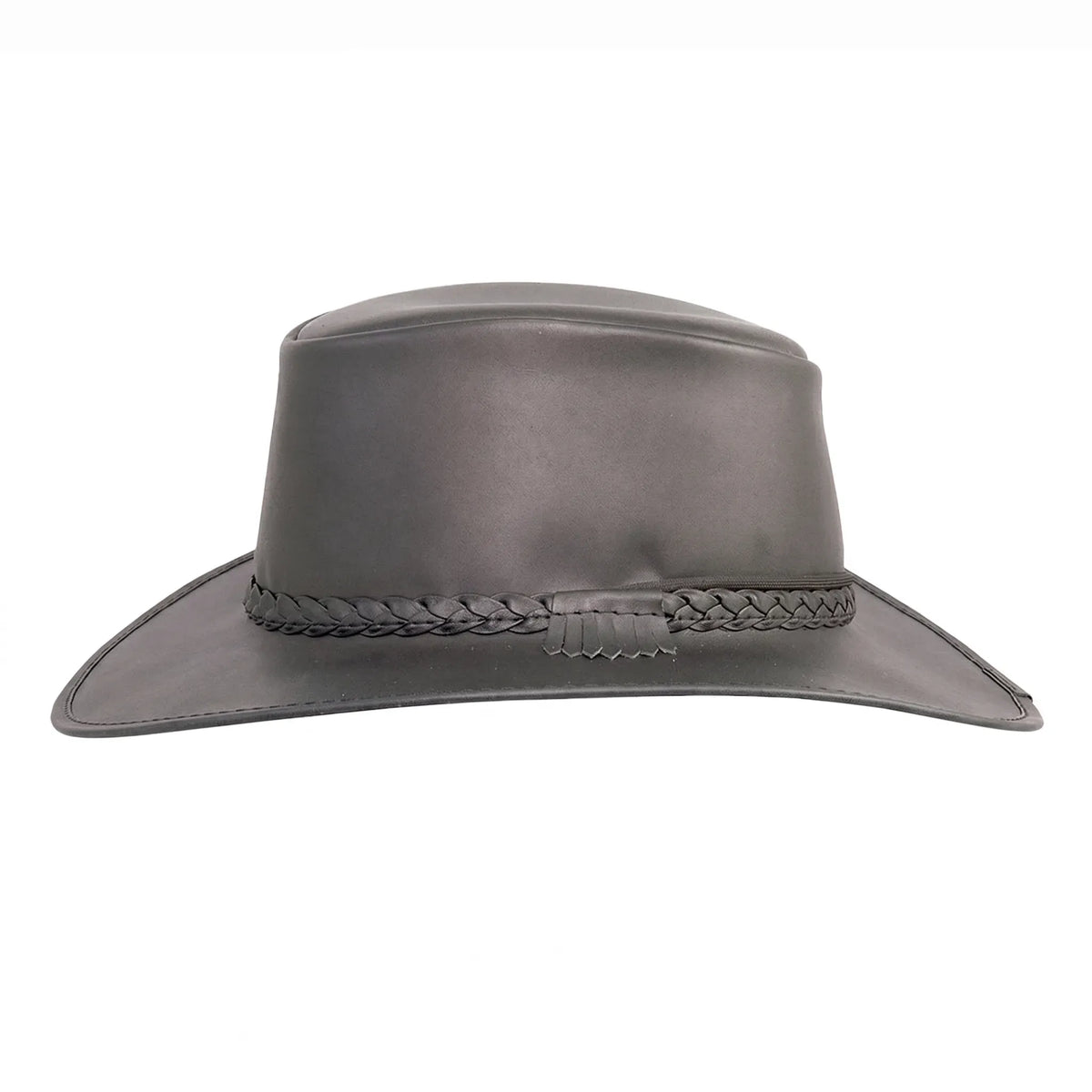 Gray leather hat with braided band on a white background