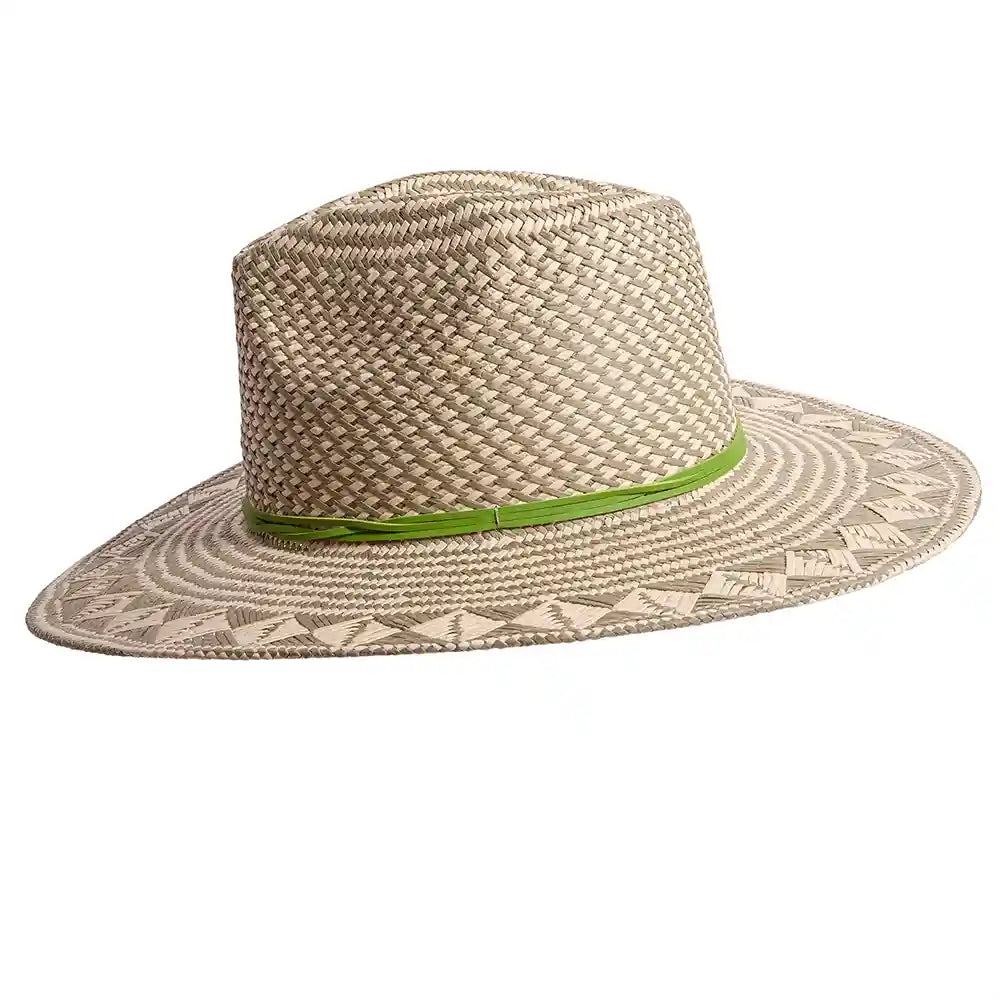 Beige straw hat with a green band on a white background
