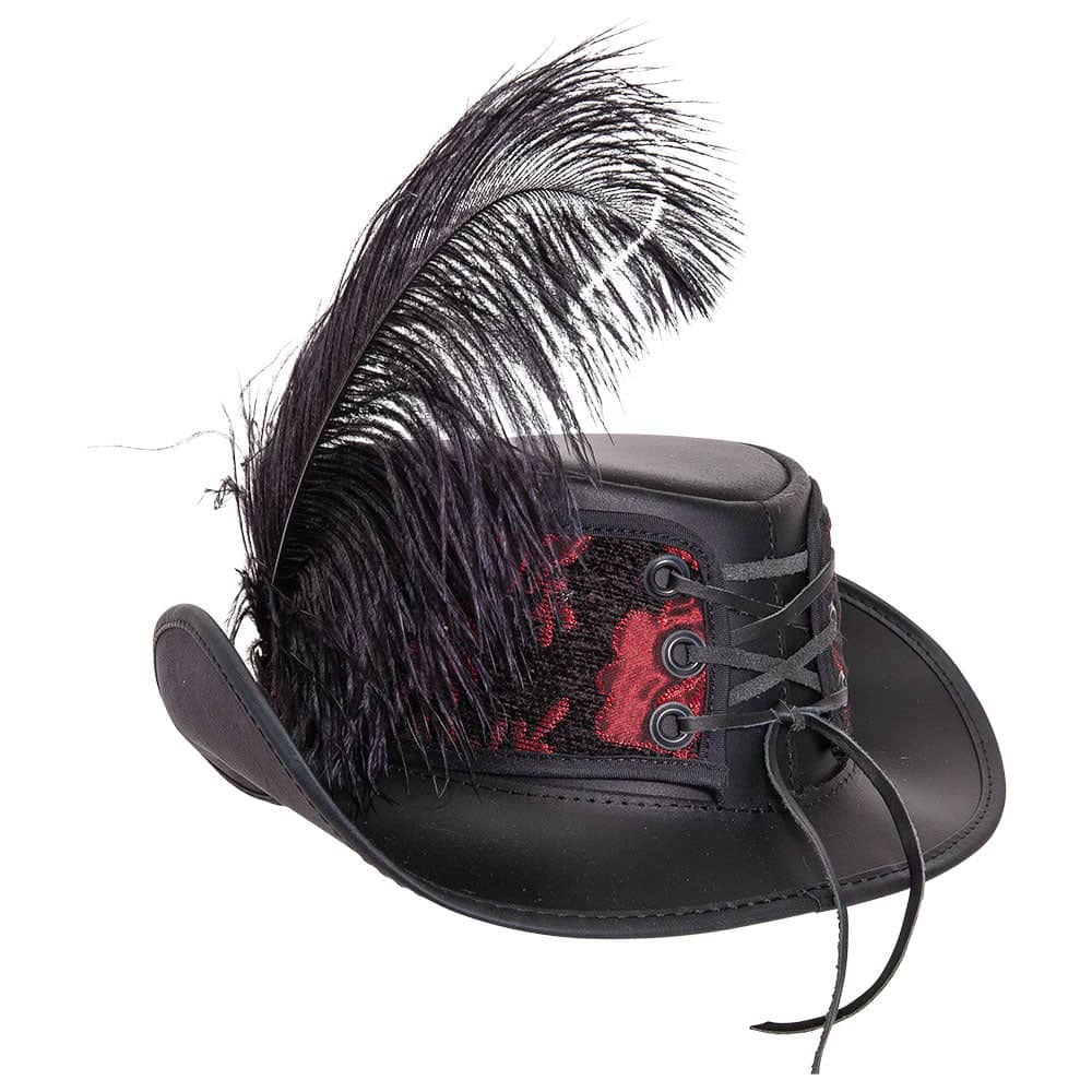 Reversible Ren | Mens Black Leather Festival Hat with Red & Silver Hat Band