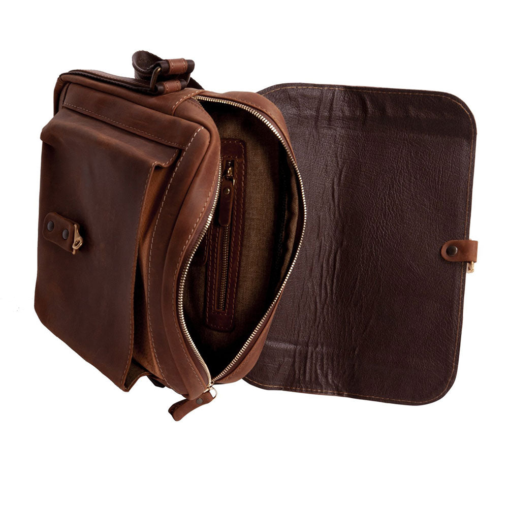 A Brown Scholar Leather Bag Close Up View